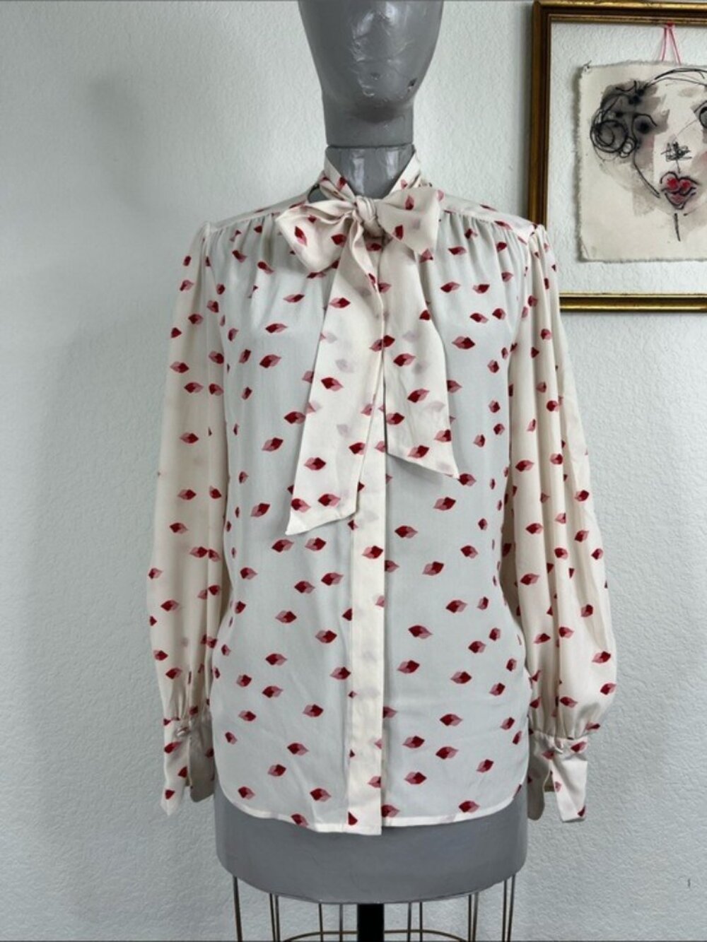 Equipment Lip Print Badalle Button Tie Neck Front Silk Blouse in Soft White